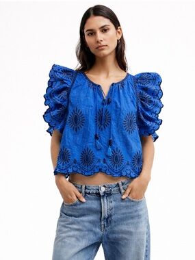 NWOT Sea New York Lee Embroidery Eyelet Tank w/ flutter sleeves, blue size 2